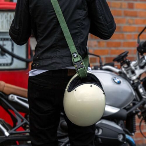 Sling Waxed Cotton Motorcycle Helmet Strap in Green